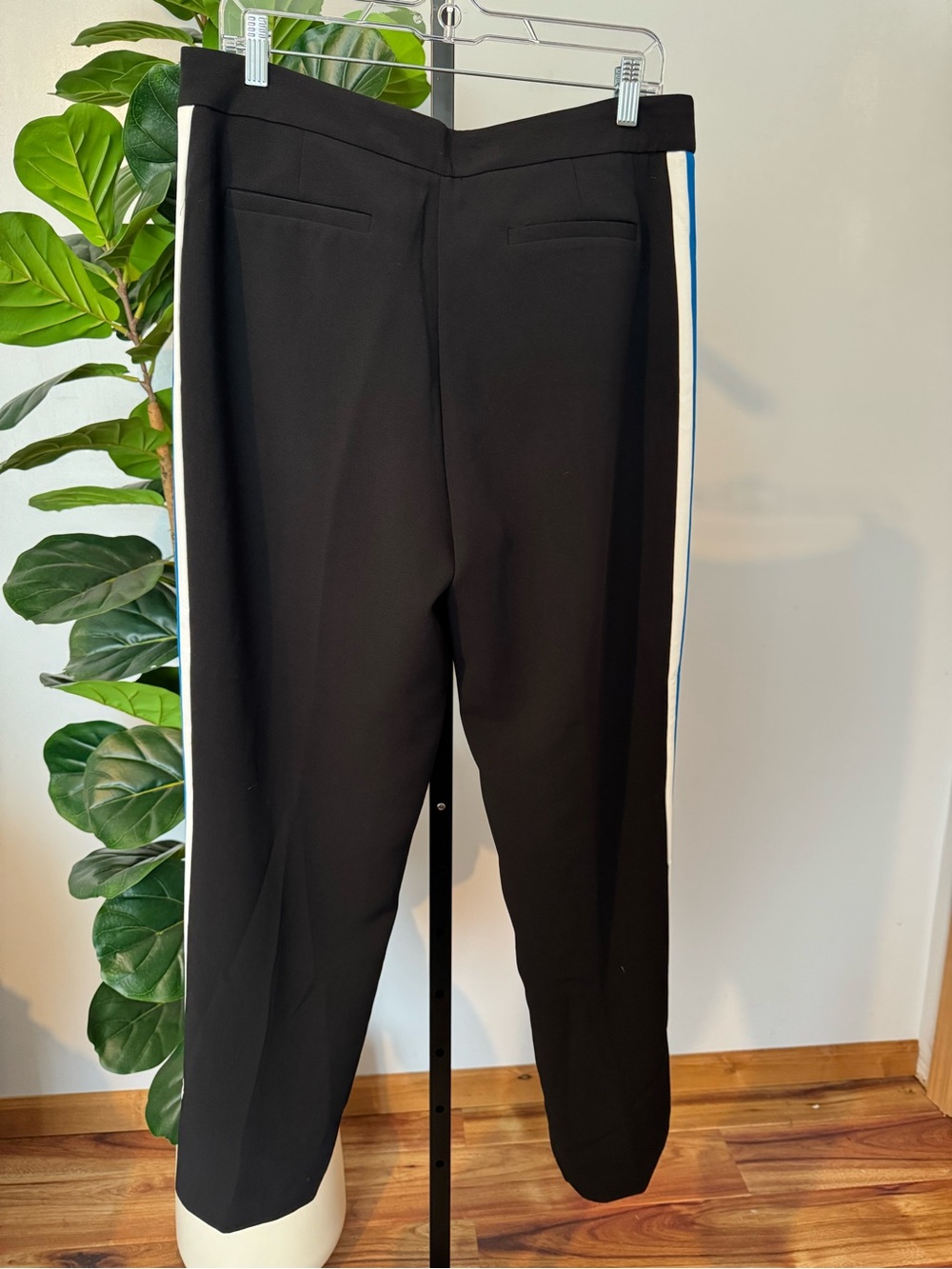 Karl Lagerfeld Black Straight-Leg Pants with Blue and White Side Stripes - Picture 3 of 4